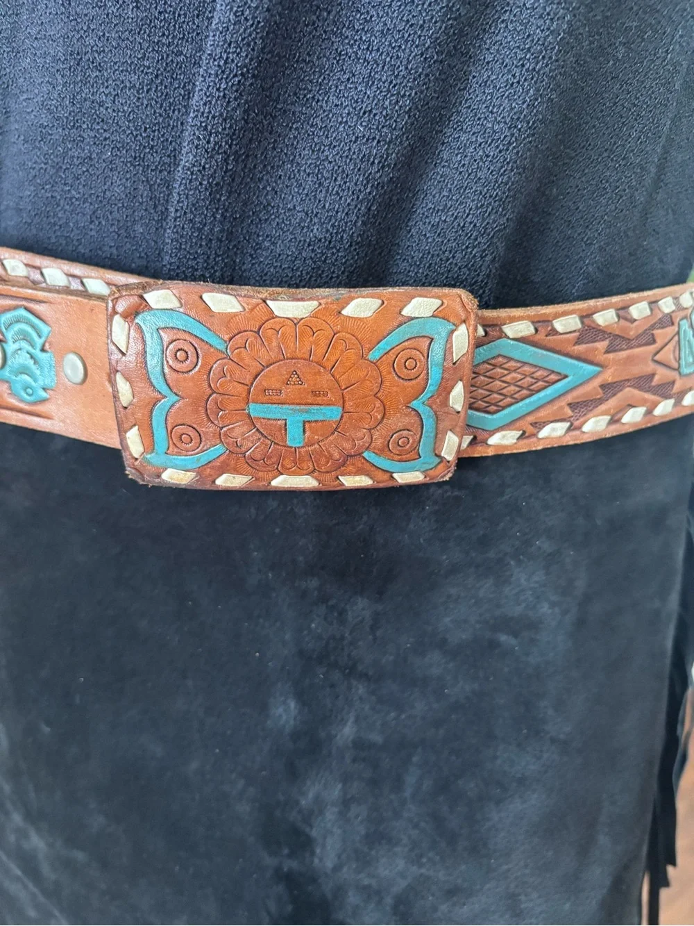 Vintage Genuine Leather Southwestern Tooled Belt Turquoise Hand Laced